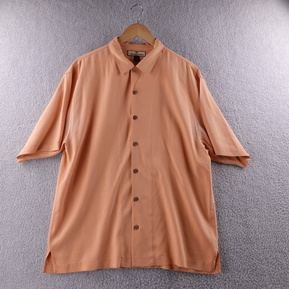 Tommy Bahama Mens  L Silk Camp Shirt Peach Textured Short Sleeve embroidered - Picture 2 of 7